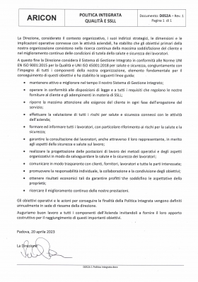 POLITICA INTEGRATA QUALITÀ E SSLL - ARICON  